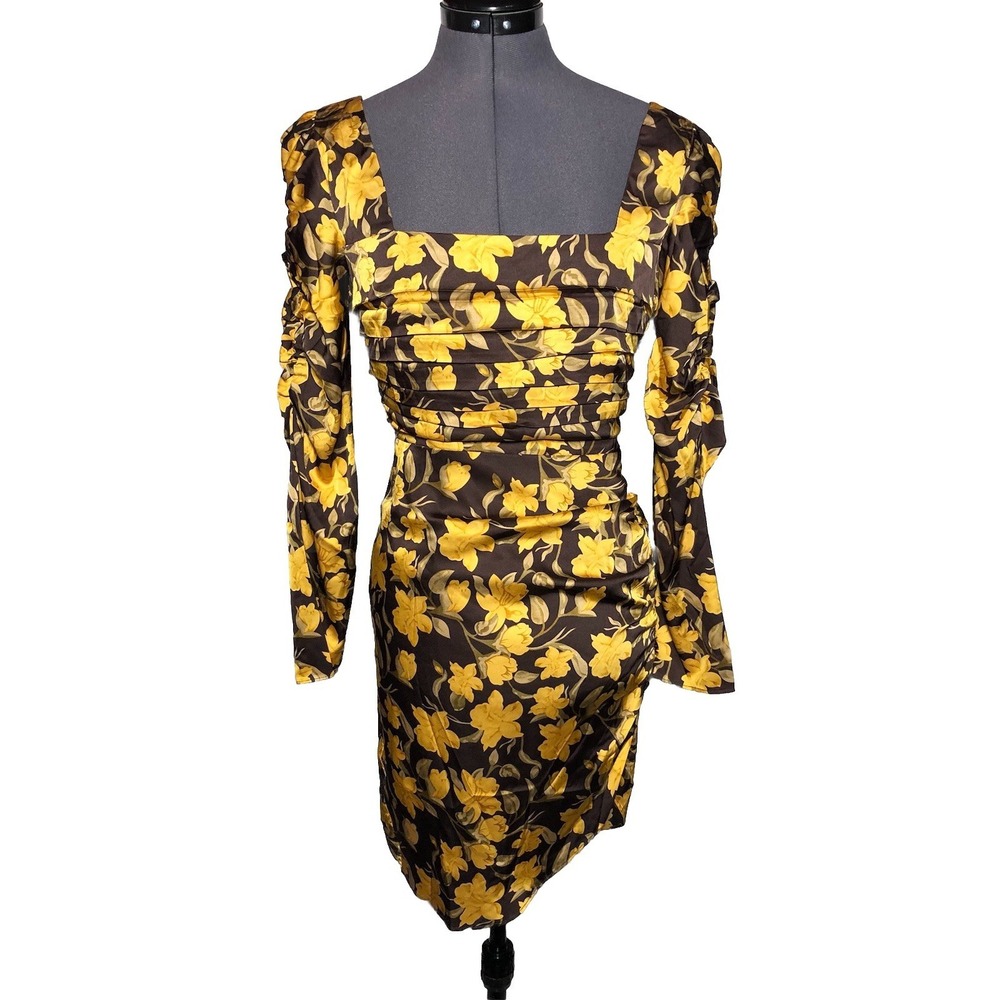 Vtg Y2K Brown Yellow Floral Ruched Mini Dress Cottagecore Square Neck S 34-26-32